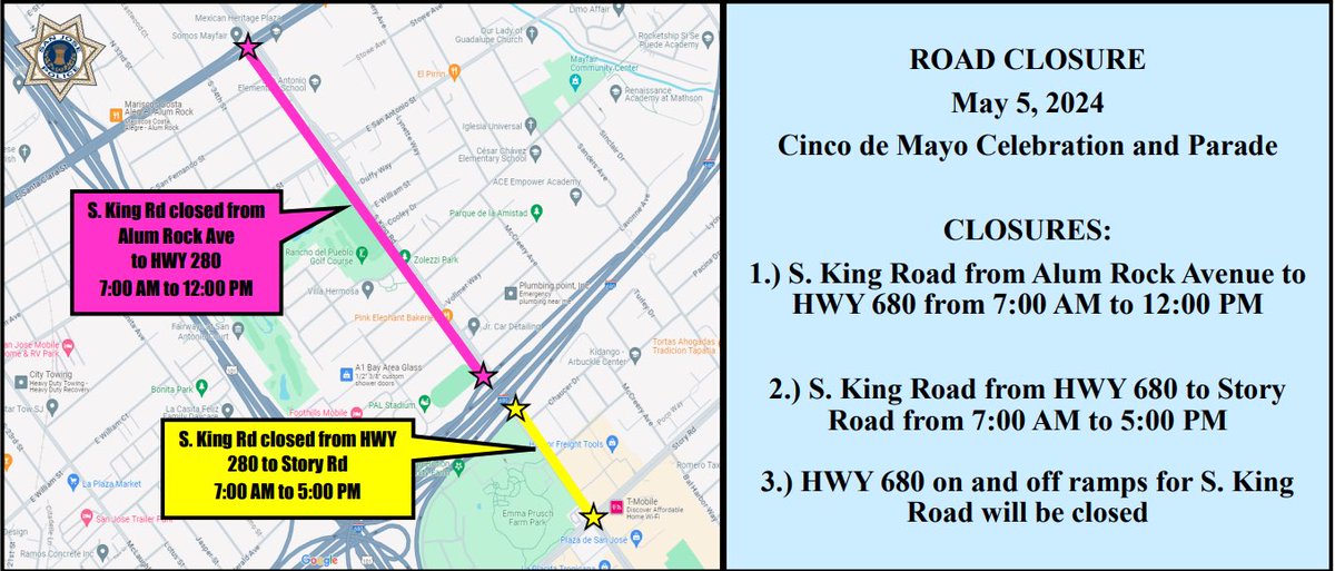 #TrafficAlert for @CityofSanJose: See below for I-680 off-ramp closures happening this Sunday 5/5 for the #CincodeMayo parade hosted by the @SanJosePD. Expect detours & follow signs. For more details—sjpd.org/Home/Component…