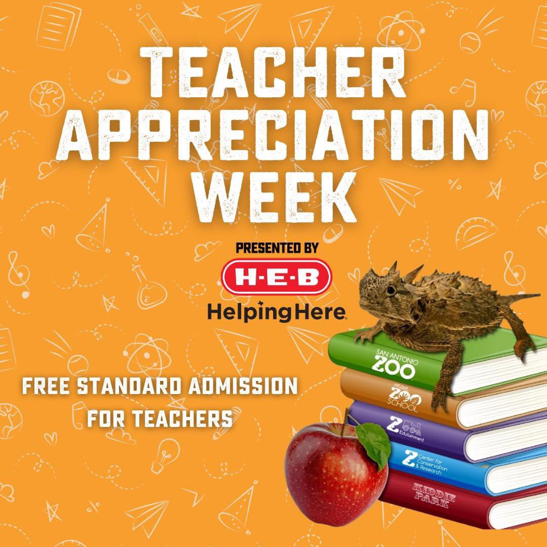 We are proud to support Texas teachers for Teacher Appreciation Week, Presented by @heb! From May 6-12, Texas teachers will receive a FREE Standard Admission ticket to San Antonio Zoo and 50% off Any Day Tickets for up to four guests on the day of their visits with valid ID! 🍎📚…