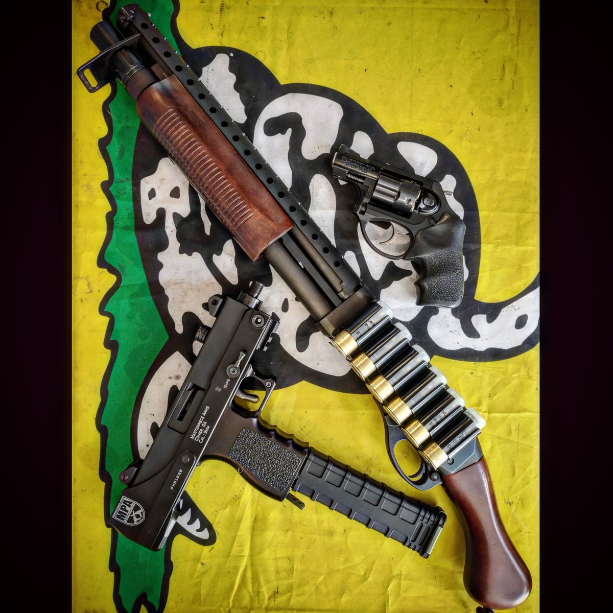 Bilge_Rat_Mil's tweet photo. The Goon Squad. Masterpiece Arms #MPA30T, Ruger #LCRX, and the Remington #Tac14.

#EDC #.38 #Goon #Mac11 #Snubnose https://t.co/yH0MFxIq4Z
