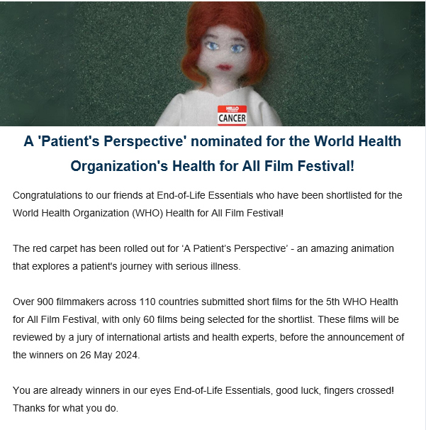 🙌Thank you @Pall_Care_Aus for sharing our exciting news! You can watch the video from the @WHO film festival site here ➡️ youtube.com/playlist?list=… #Film4health #HealthForAll