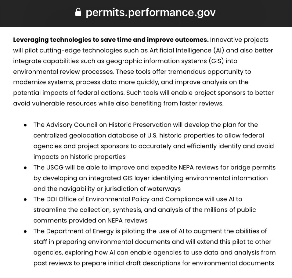 GIS + AI (as proposed in the second bullet) is the dream combo for expedited environmental permitting. I can almost taste it