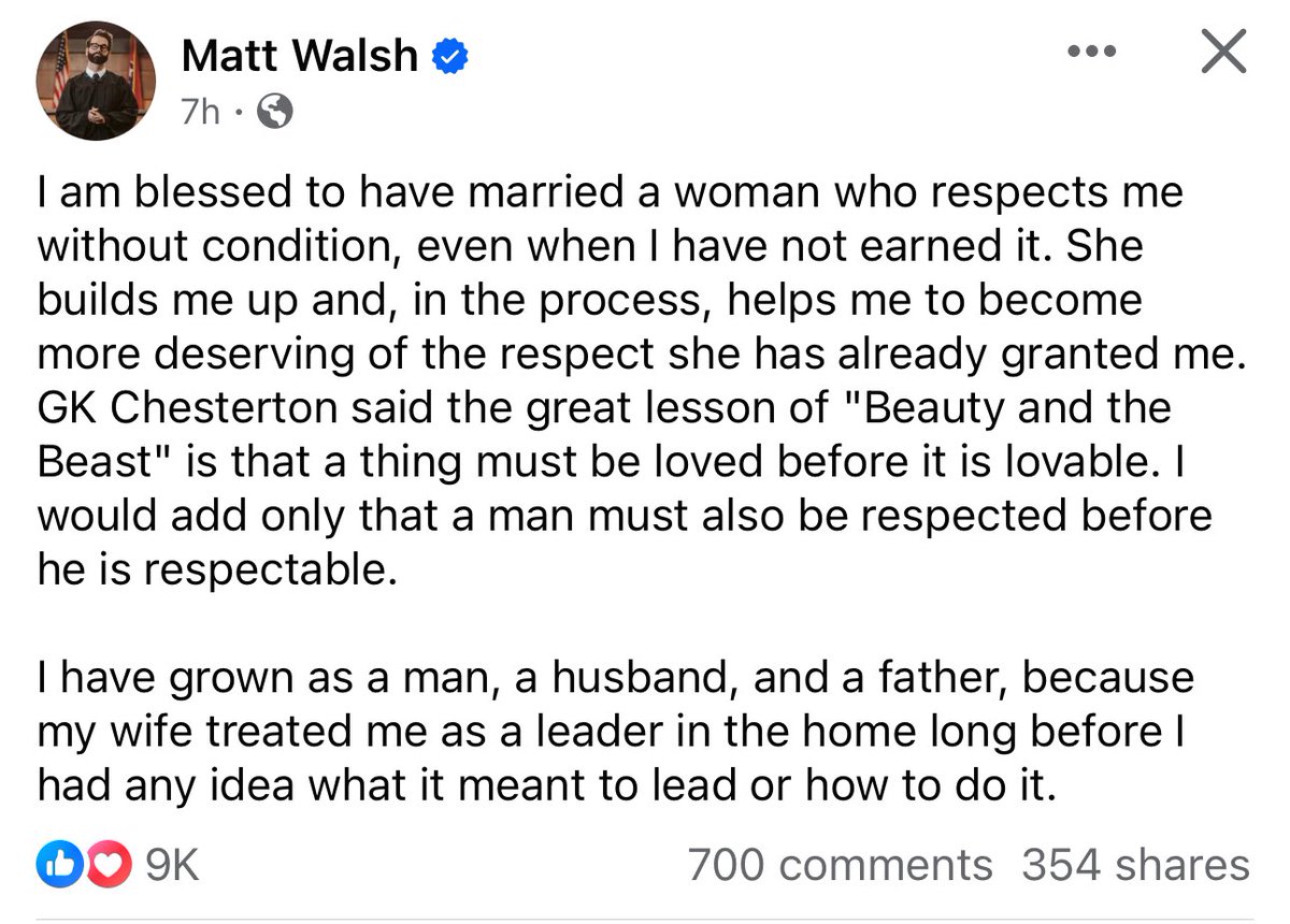 This may be @MattWalshBlog’s best post of the year. May every man be as blessed. My wife did the same thing for me. There’s no words to express how powerful your wife’s love and respect is. If you have it, treasure it.