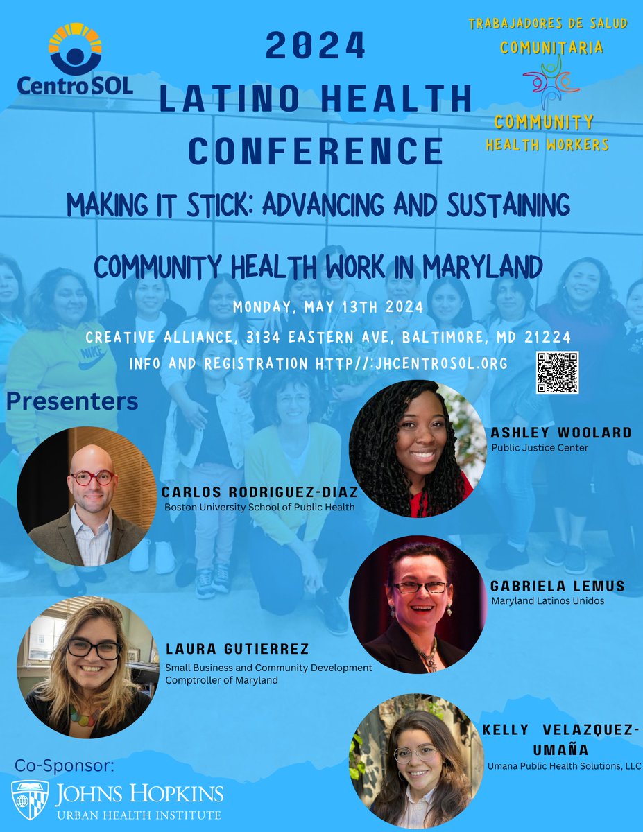 Only a few tickets left! New speakers and panelists confirmed including Dr. Chidinma Ibe, certified CHWs Linda Flores and Yeiny Alvarez and State Delegate Joseline Peña-Melnyk. 

Conference is free and registration is required at jhcentrosol.org 

#communityhealth