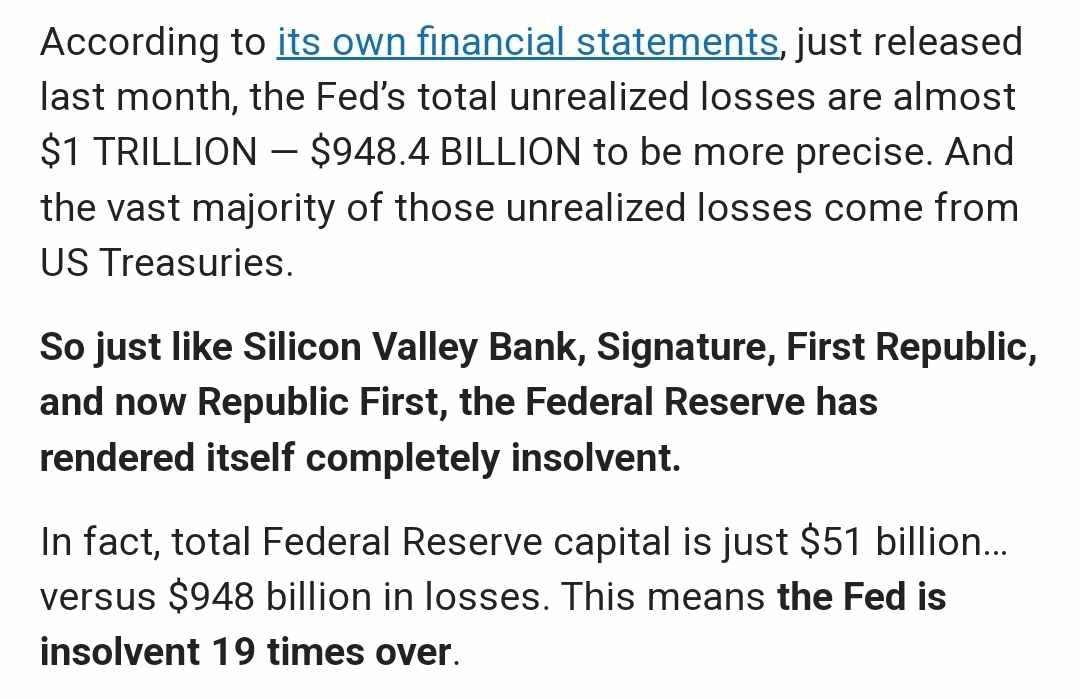 According to its own financial statements, just released last month, the Fed’s total unrealized losses are almost $1 TRILLION — $948.4 BILLION to be more precise. And the vast majority of those unrealized losses come from US Treasuries.

So just like Silicon Valley Bank,…