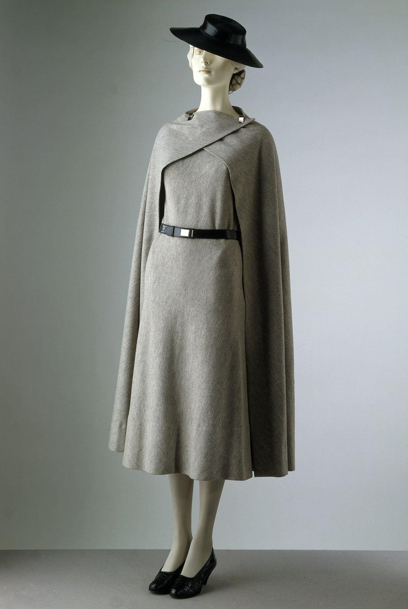 Day dress with cape of woollen jersey and two felt, chrome and leather belts, designed by Madeleine Vionnet, Paris, 1933