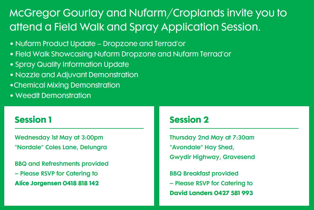 Tom Crothers (@tom_crothers) on Twitter photo Come join the Nufarm, Croplands and Mcgregor Gourlay teams for an informative Feild Walk and Spraywise session. Please RSVP to the corresponding session below for catering purposes.
<a href="/NufarmAustralia/">Nufarm Australia</a> <a href="/Croplands/">Croplands Equipment</a> <a href="/mcgregorgourlay/">McGregor Gourlay</a> Come join the Nufarm, Croplands and Mcgregor Gourlay teams for an informative Feild Walk and Spraywise session. Please RSVP to the corresponding session below for catering purposes.
<a href="/NufarmAustralia/">Nufarm Australia</a> <a href="/Croplands/">Croplands Equipment</a> <a href="/mcgregorgourlay/">McGregor Gourlay</a>