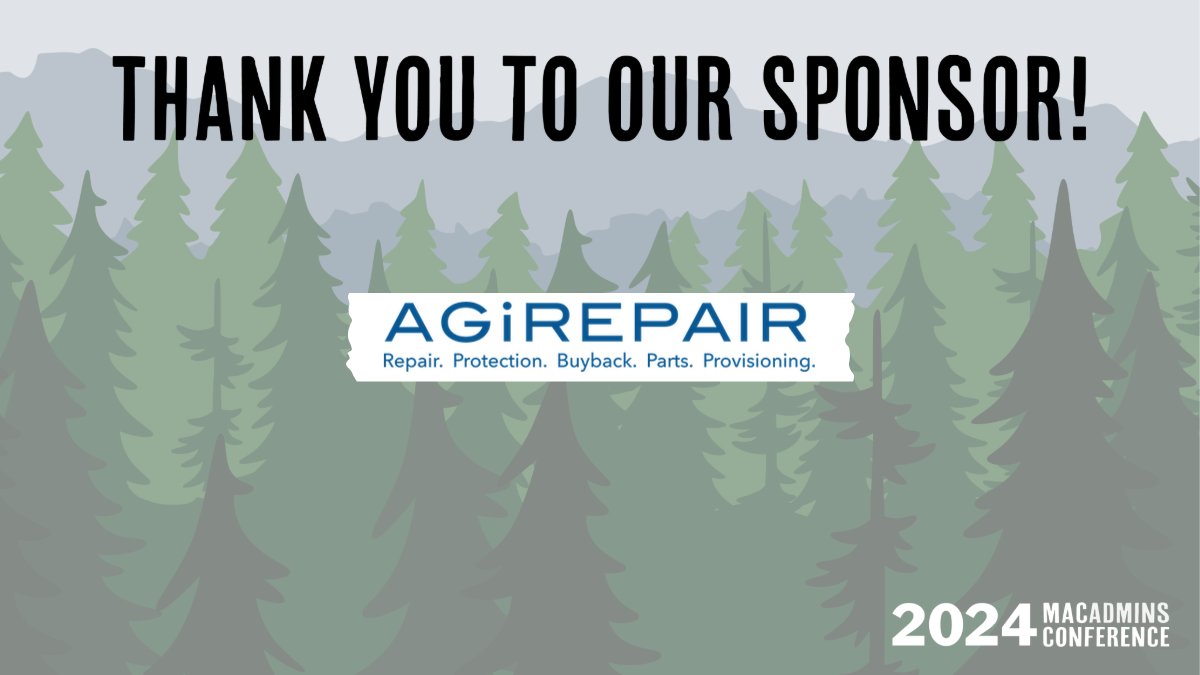 Shoutout to AGiRepair (@AGiRepair)  for being a sponsor of #MacAdmins Conference 2024! Your support is greatly appreciated. 

Join us July 9-12 for a conference like no other. Register today! macadmins.psu.edu
#psumac #MacAdmins