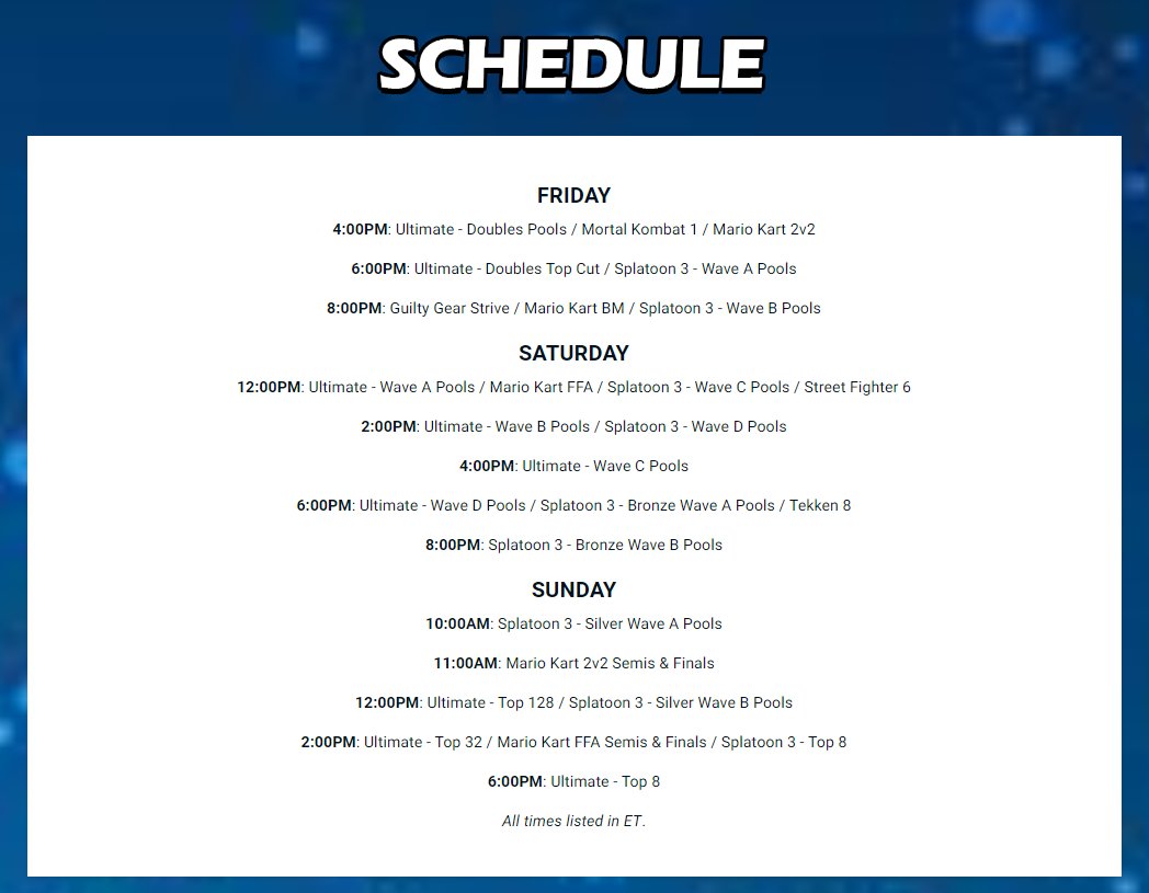 MOMOCON 2024 SCHEDULE IS LIVE! Some big changes: - The convention is now from Fri-Mon, which means Friday brackets start later... - ...but now we also get all of Sunday for scheduling! - And yes, Ultimate Singles is full BO5 NOW SIGNUP BEFORE IT CLOSES: start.gg/momocon