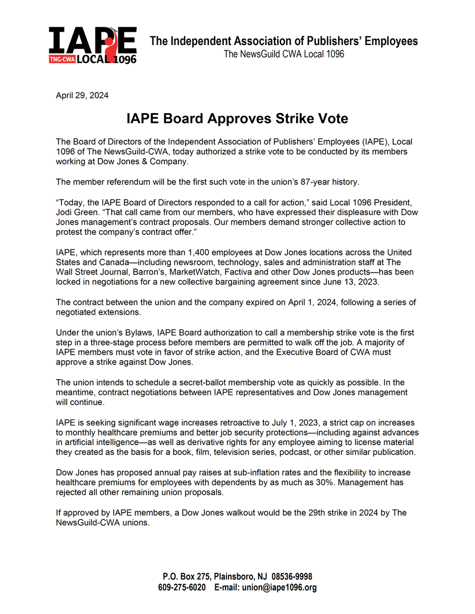 BREAKING: @IAPE1096 Board of Directors authorizes membership strike vote. 'Our members demand stronger collective action.' #WeAreWorthmore #WhenWeFightWeWin