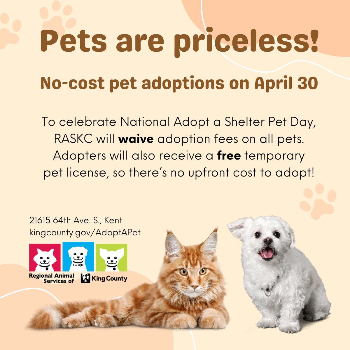 REMINDER: Join us TODAY at the Pet Adoption Center for NO-COST pet adoptions in celebration of National #AdoptAShelterPet Day! See our adorable adoptables at kingcounty.gov/AdoptAPet