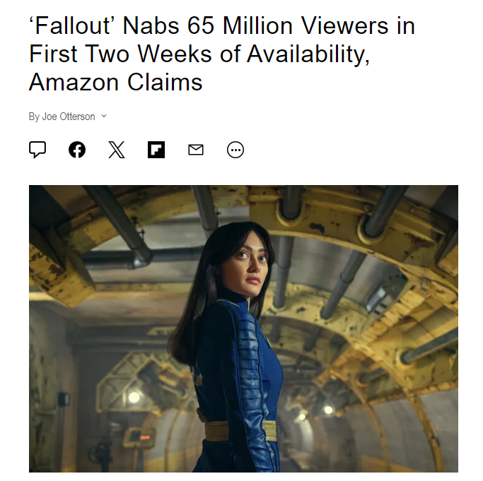 WTF? So the Fallout series had 65 million viewers in its first 2 weeks, thats insane!!! Its hands down the best video game adaptation of all time by a long shot. Fallout 3/New Vegas remastered needs to happen.