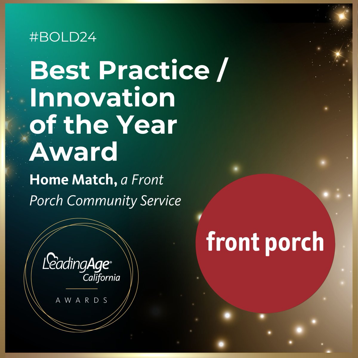 We're thrilled to announce Home Match, a Front Porch Community Service, as the recipient of our Best Practice/Innovation of the Year Award! 🏆🎉  

Join us in celebrating all the 2024 award winners at #BOLD24 in Anaheim, California. 

Register today! ➡️ leadingageca.org/bold