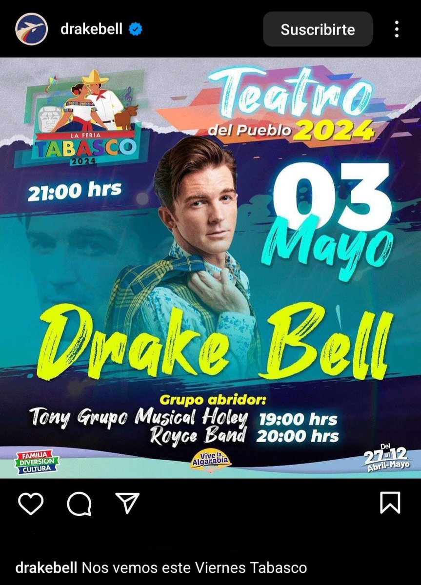 Drake Bell en Tabasco. Me siento muy emocionada, ya quiero verlo. 💖✨️