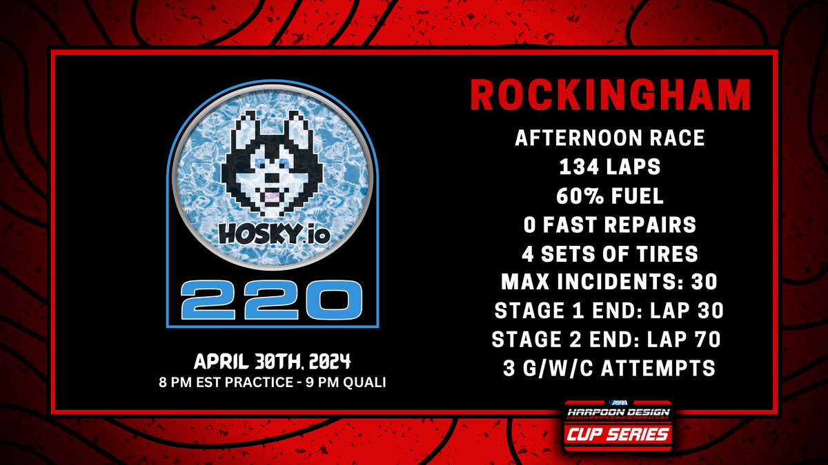 Race Details for tomorrow’s @ASRAiRacing Cup Series @HOSKYtoken 220! 📺 💻📱 - #YouTube RaceDayLive (youtube.com/@RaceDayiRacing) ⏰ - 9PM EST #HOSKY | HOSKY.io | #CardanoADA