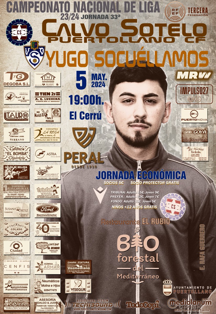 🪧Cartel anunciador. @cspuertollanocf 🆚 @YugoUDS 🏆RFEF (jornada 33ª). 🗓️ 05-05-2024. ⌚️19:00h. 🏟️El Cerrú. 🎟️ Venta anticipada: sede social, @ana_prensa ,Deportes La Roja (Argamasilla Cva.). 📲Venta on-line👉cspuertollano.acyti.com 📌Jornada económica.