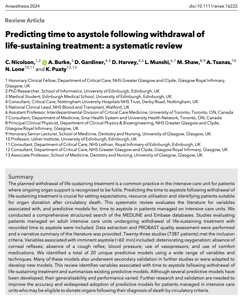 🔓Predicting time to asystole following withdrawal of life-sustaining treatment: a systematic review @dalecgardiner @danjrharvey @laveenamunshi @ICULone @KPuxty 🔗…-publications.onlinelibrary.wiley.com/doi/10.1111/an…