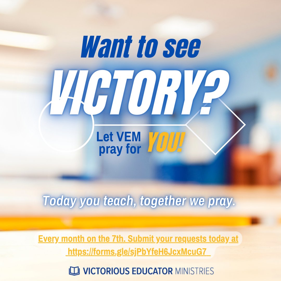 Do you need prayer? TODAY is our prayer day! Go to forms.gle/sjPbYfeH6JcxMc… to submit your request. We are here for you! Matthew 21:22 #VEMprayerteam #victoriouseducator #Godanswersprayer #praybelieving #7thdayofthemonth #TeacherAppreciationWeek2024