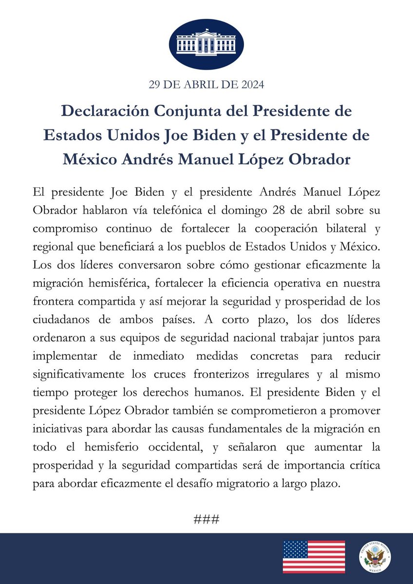 Declaración Conjunta del Presidente de Estados Unidos Joe Biden y el Presidente de México Andrés Manuel López Obrador / 29 DE ABRIL DE 2024 t.ly/xiTU-