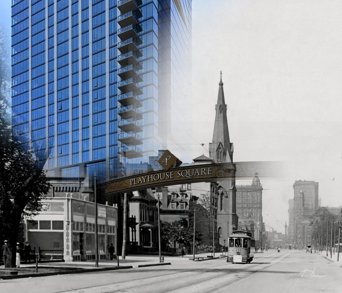 #Cleveland, c. 1905/2024 - #TheLumen stands in #PlayhouseSquare district at Euclid Ave. and East 18th St.  

#ThenAndHow #streetcar