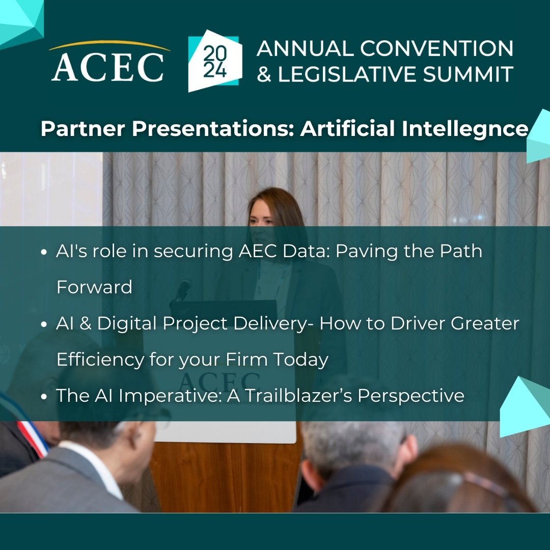 Learn more about AI from industry peers at ACEC 2024 Annual Convention & Legislative Summit in Washington, DC. View all partner presentations: bit.ly/3UyfE8v #ACEC2024ANNUAL