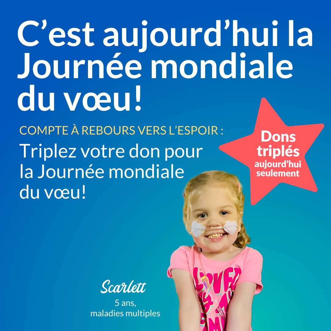 Plus que quelques heures! Participez à la Journée mondiale du vœu et aidez-nous à amasser 100 000 $. Jusqu’à minuit ce soir, votre don va 3X plus loin grâce à l’équipe de <a href="/WarehouseOne/">Warehouse One</a>. #JournéeMondialeDuVoeu #RevesDEnfantsCanada #MakeAWishCanada #JeTripleMonImpact