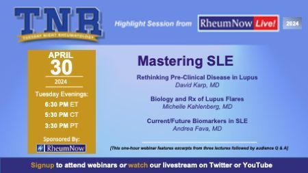 Our final TNR for the month of April will take place on 4/30 at 6:30pm ET. Mastering SLE Rethinking Pre-Clinical Disease in Lupus - David Karp, MD Biology and Rx of Lupus Flares - Michelle Kahlenberg, MD Current/Future Biomarkers in SLE - Andrea Fava, MD buff.ly/3Qp0nEl