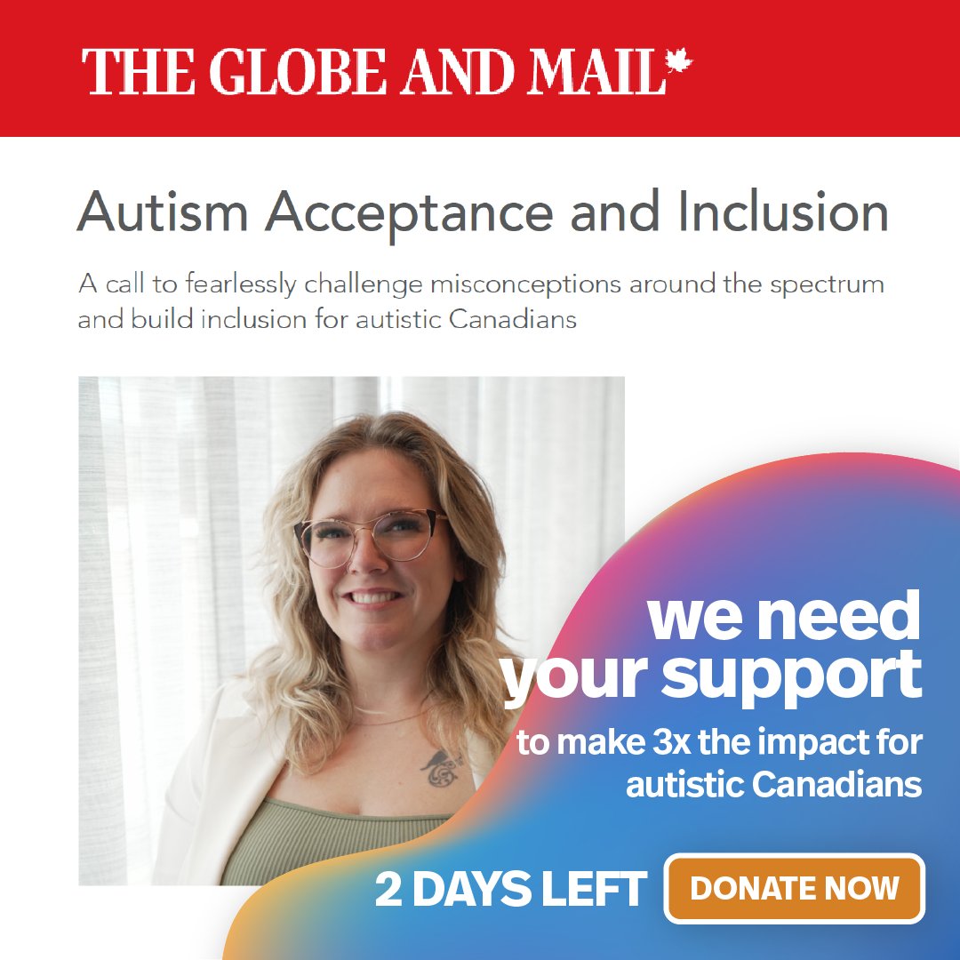 We have been featured in the Globe and Mail. 2 DAYS LEFT. United we stand, stronger in numbers. This World Autism Month, we need you to be fearless and stand with us alongside the autism community. Donate Now and 3x your impact: autismspeaks.ca/donate @globeandmail