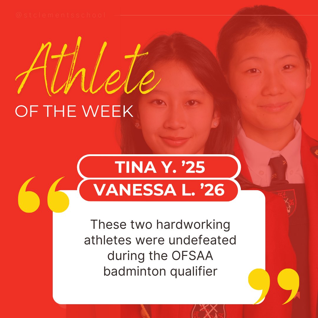 Our Athletes of the Week, Vanessa L. '26 and Tina Y '25 were recently undefeated during the OFSAA badminton qualifier recently. Wish them good luck as they head off to OFSAA in Barrie. We commend them for their hard work and can't wait to cheer them on in Barrie 🏸