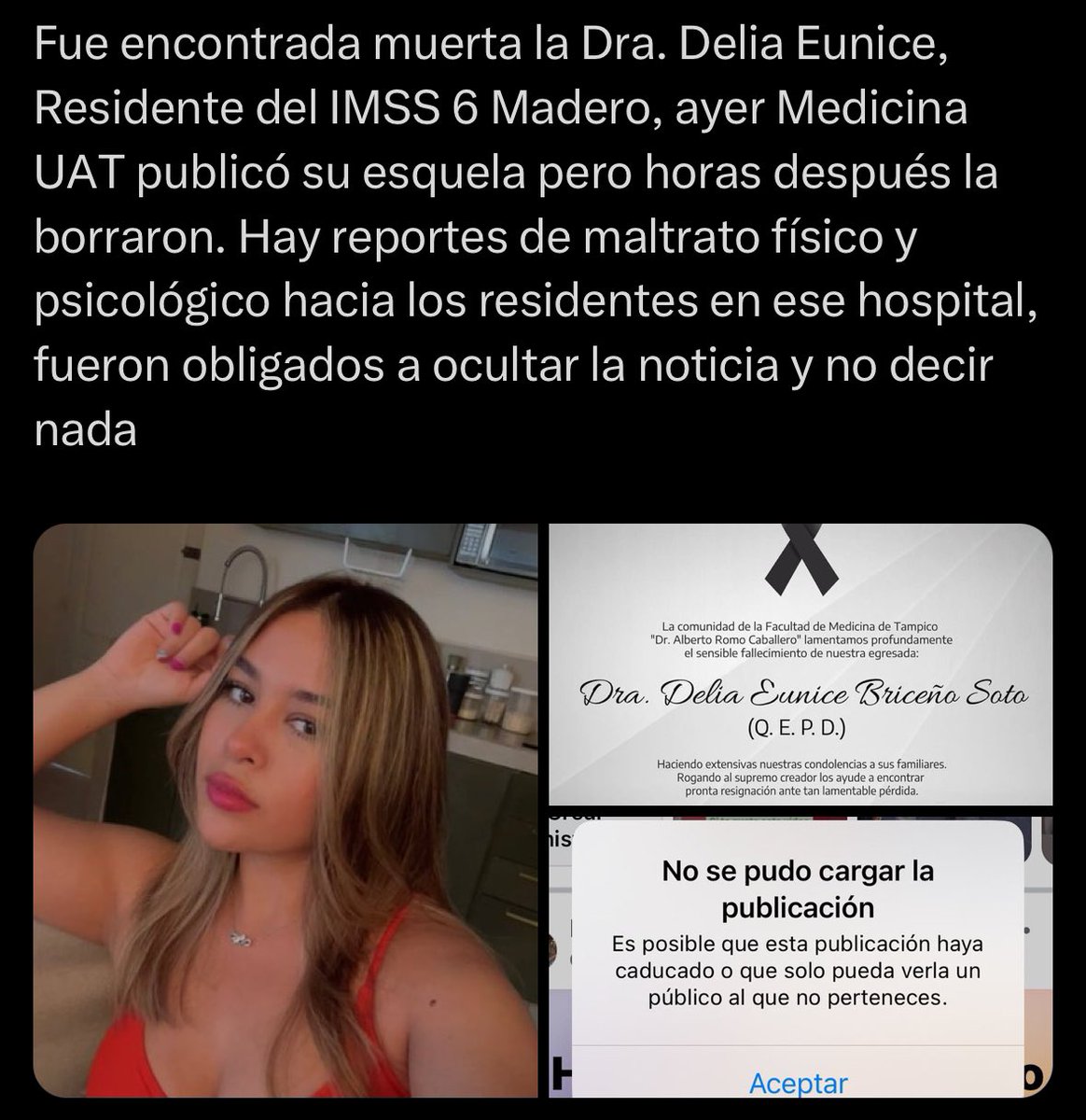 Lamento el fallecimiento de la joven Delia Eunice, residente de medicina, desaparecida y encontrada sin vida en #Madero; un caso que genera dolor e indignación, ante la inacción de las autoridades y el reporte de supuestos maltratos a residentes en el hospital IMSS 6 de Madero,…