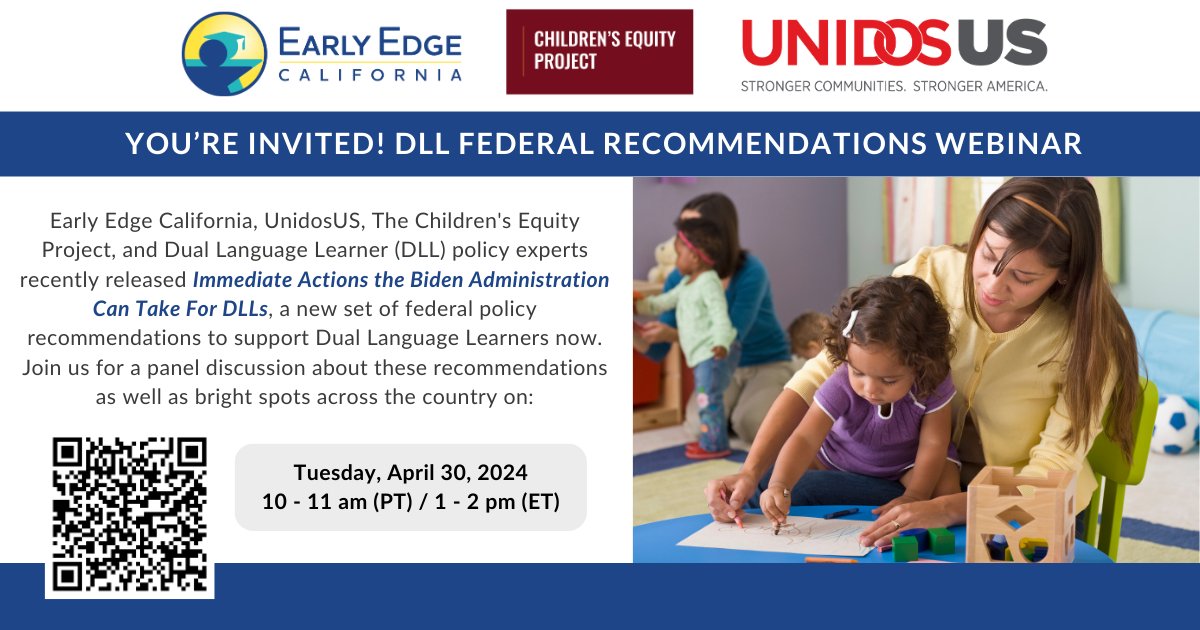 1 day away! 🙌 Join @EarlyEdgeCA @WeAreUnidosUS @ChildrensEquity & DLL policy experts TOMORROW, 4/30, at 10am PT / 1pm ET for an overview & discussion about the recommendations from the brief, Immediate Actions the Biden Administration Can Take For DLLs. ow.ly/HXse50RrmJO