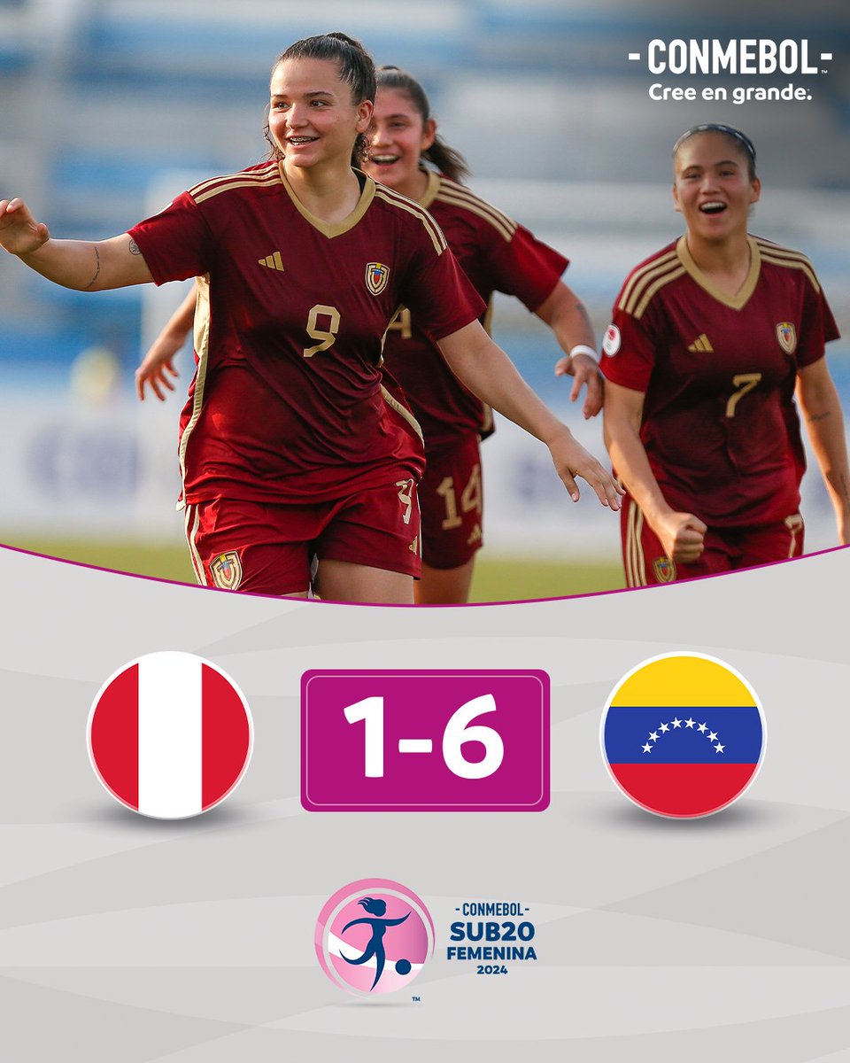 ¡Una victoria clave! ⚽💪 @FemeninoFVF venció a @SeleccionPeru por 6-1 y consiguió sus primeros tres puntos en la Fase Final de la CONMEBOL #Sub20Fem. 🇻🇪👏 #CreeEnGrande