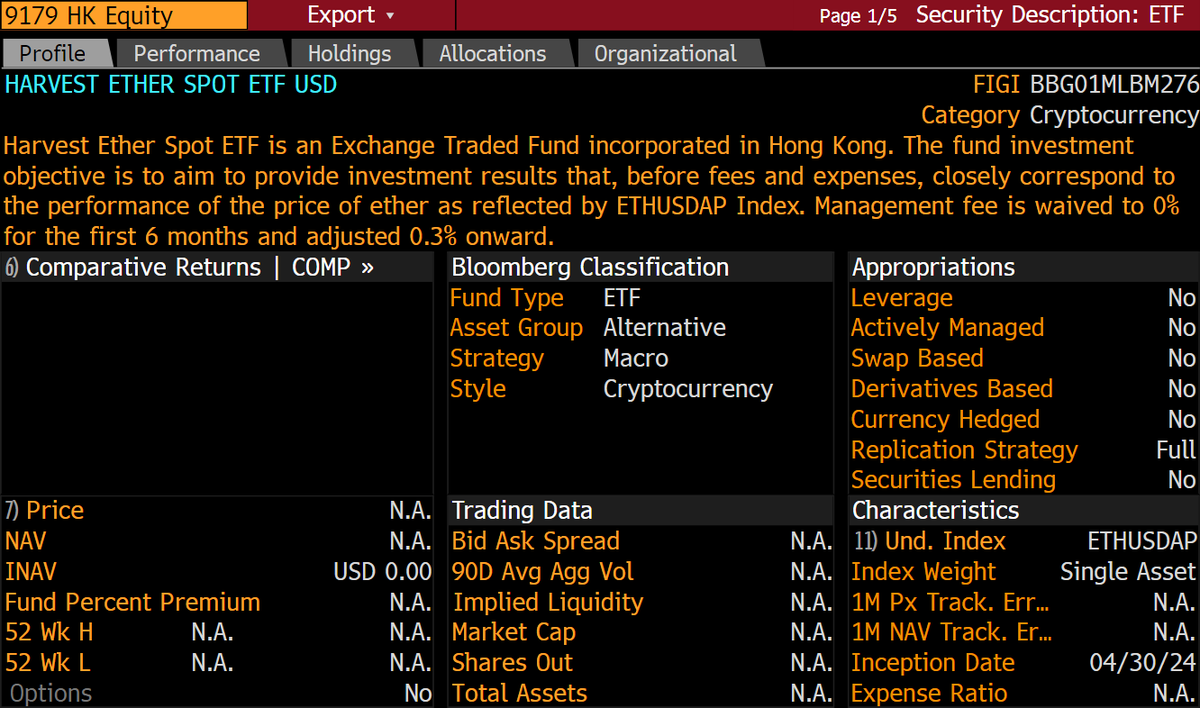 The 3 Hong Kong spot #Ethereum ETFs are going to start trading in a few hours. They're ready to go on <a href="/TheTerminal/">Bloomberg Terminal</a>/ Bloomberg