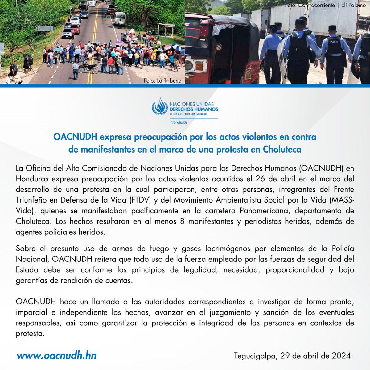 #OACNUDH expresa preocupación por los actos violentos en contra de manifestantes en el marco de una protesta en Choluteca