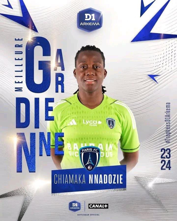 Super Falcons and Paris FC goalie Chiamaka Nnadozie wins the best goalkeeper of the season award in the French D1 arkema. Congratulations 🎉🇳🇬