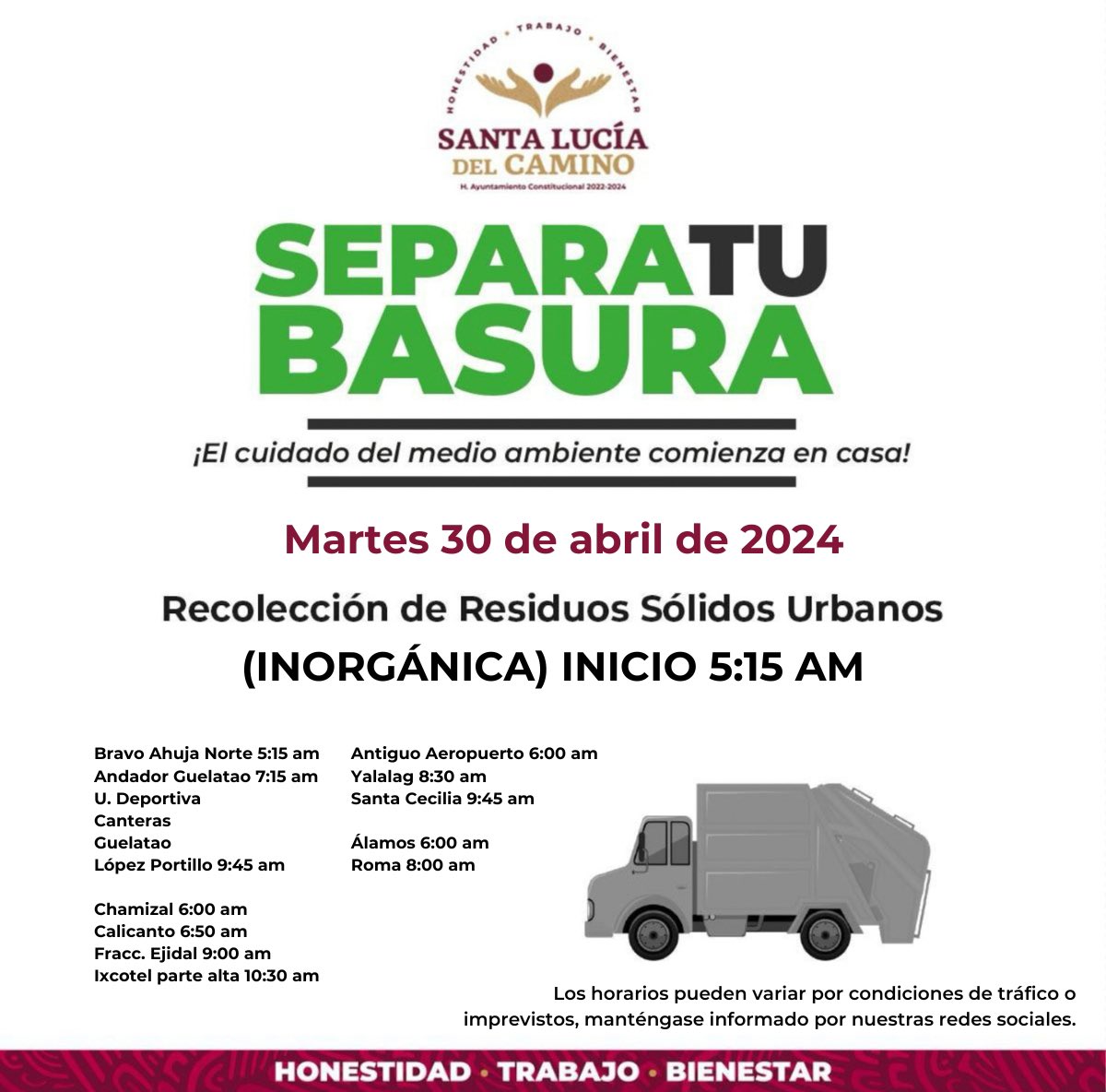 ¡El proyecto #CeroBasura avanza en Santa Lucía del Camino! Conoce las colonias donde pasará el camión y ponte atento al oír la campana. Ah y por favor, comparte la imagen con tus vecinos. #SantaLucíaDelCamino