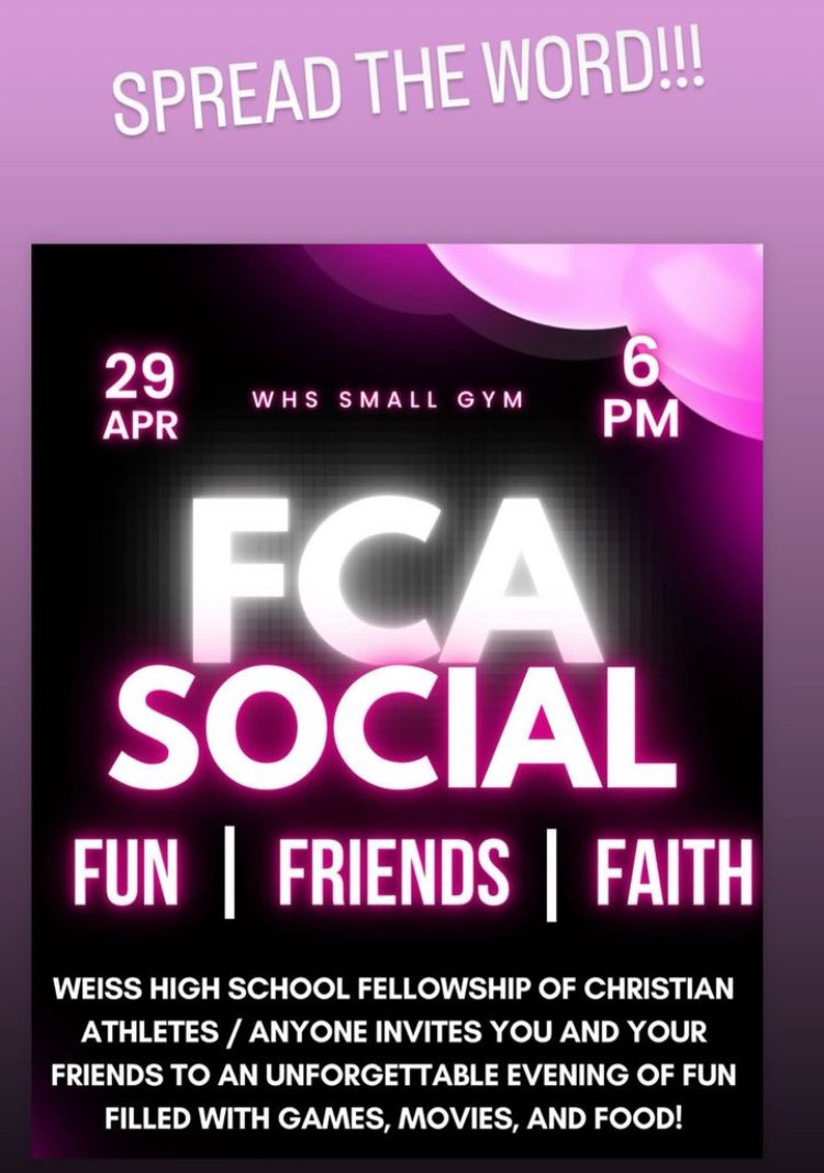 Weiss, Bohls and Cele athletes come join us right now! We have food, games and share our FCA message with you! Did I mention Food? ♥️🐺