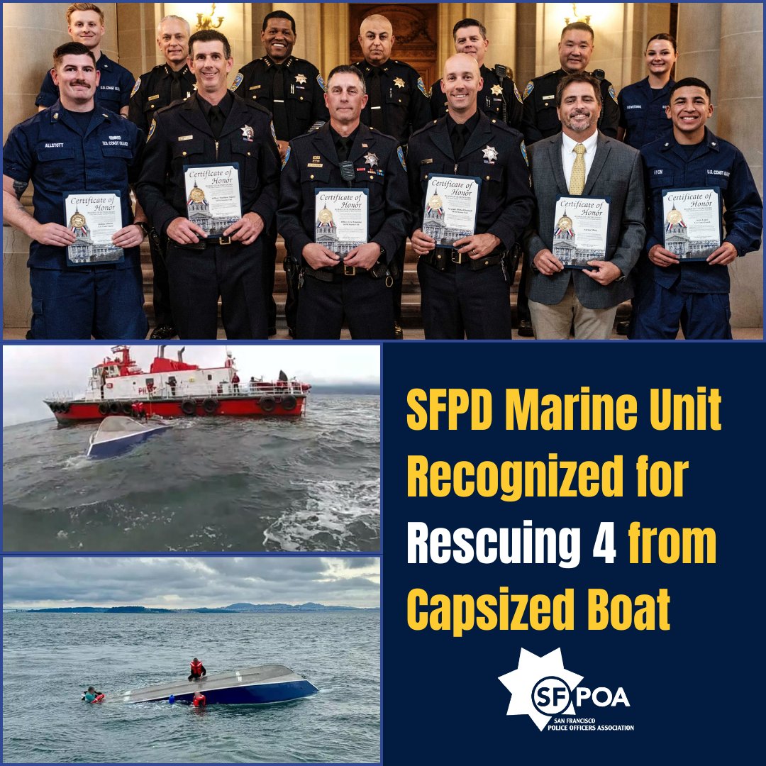 You’re used to seeing their heroic work on SF streets. But our officers get it done on the water too. The SFPD Marine Unit was recognized by the @sfbos for rescuing 4 people from a capsized boat in the bay. Excellent work, officers.