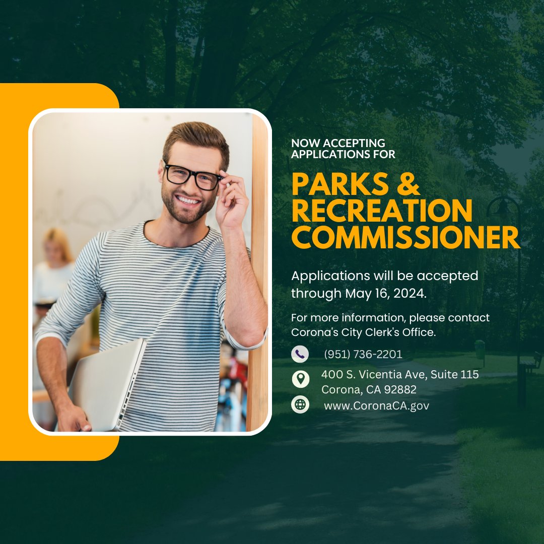 Now accepting applications for Parks & Recreation Commission. Applications will be accepted through Thursday, May 16, 2024. Click here to apply online: bit.ly/2AuRUaU