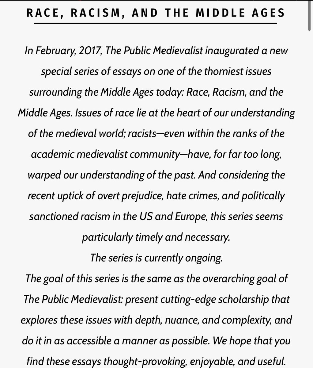 for anyone else into medieval history and medieval culture, I *highly* recommend this blog series on The Public Medievalist’s website

a bunch of essays by scholars of the Middle Ages discussing the issues of race, antisemitism, prejudice, and racial historiography of the period