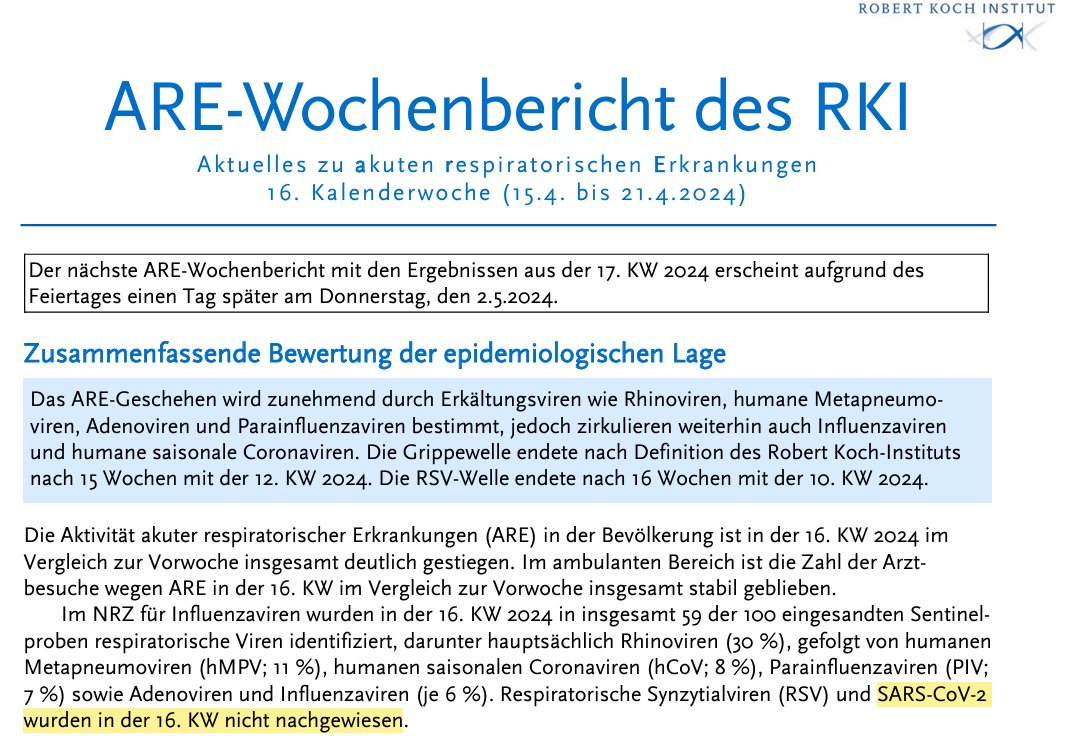 @RastlStefan #CovidIsOver
ARE-Wochenbericht des RKI Aktuelles zu akuten respiratorischen Erkrankungen  16. Kalenderwoche (15.4. bis 21.4.2024) 
influenza.rki.de/Wochenberichte…