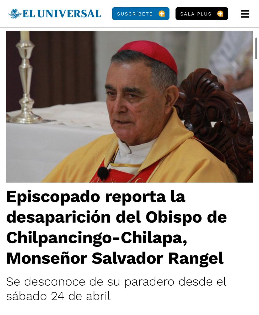 Me uno al llamado y la exigencia de @IglesiaMexico a las autoridades de los tres órdenes de gobierno para que den con el paradero del obispo Salvador Rangel, reportado como desaparecido desde el pasado sábado. Mis oraciones están con él y su familia.
