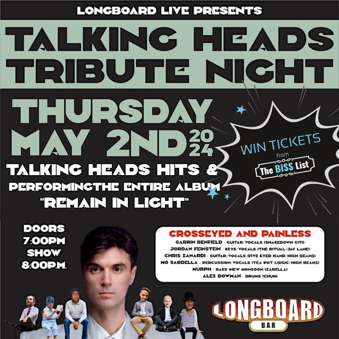 Longboard Live presents the debut and only Bay Area performance of Crosseyed & Painless: Talking Heads Tribute at Longboard Bar in Pacifica on May 2nd. Enter to #WINTICKETS at bisslist.com/biss_event/tal….

#bisslist #win #giveaway #talkingheads #longboardbar #pacifica #livemusic
