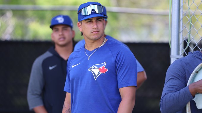 Brandon Barriera in a blue Toronto Blue Jays shirt
