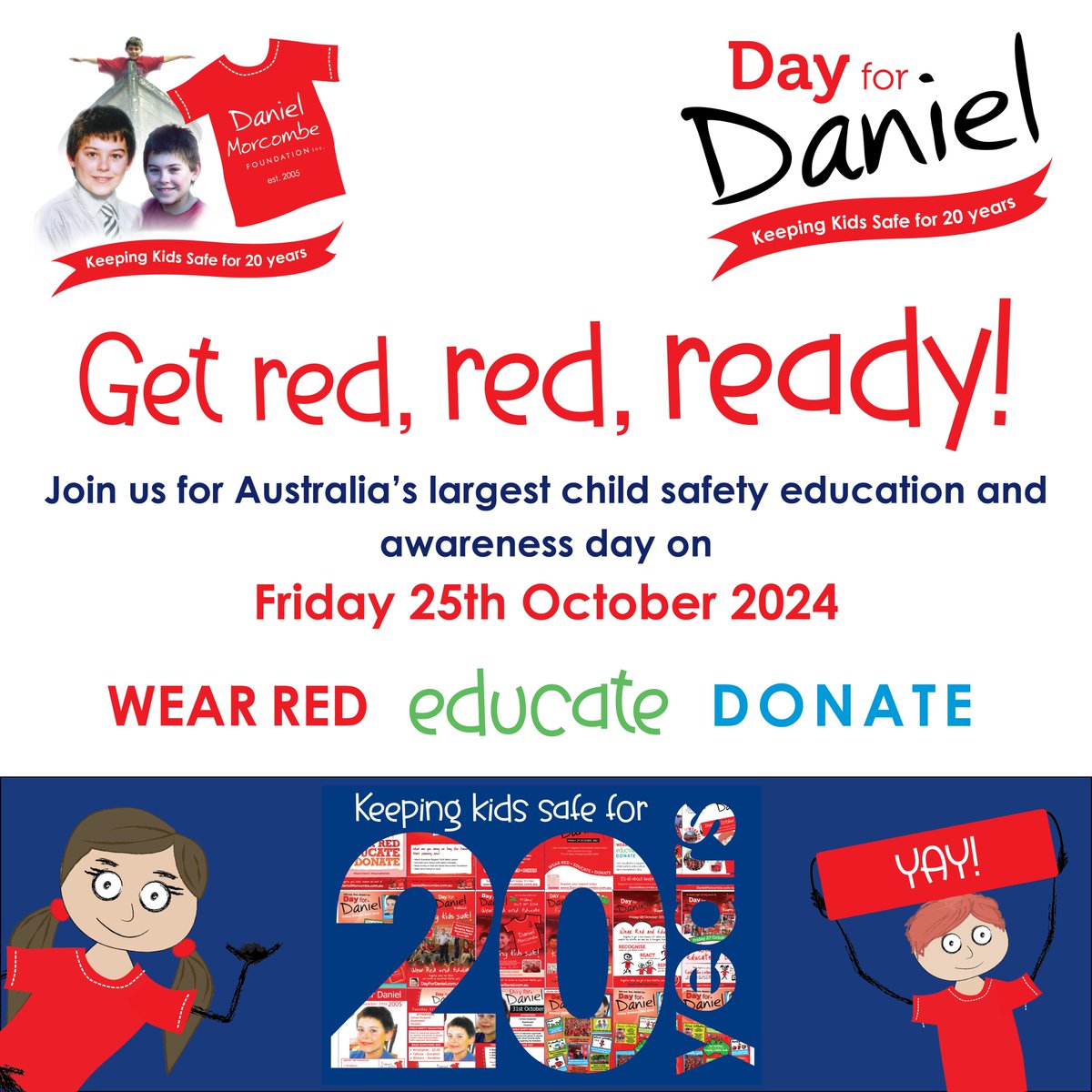 Save the date for Australia’s largest child safety education & awareness day. Join @DanielMorcombe on Friday October 25. Mark it in your calendars, register online & start planning! bit.ly/3NjYZSa
#DayforDaniel #KeepingKidsSafe #KeepingKidsSafefor20Years