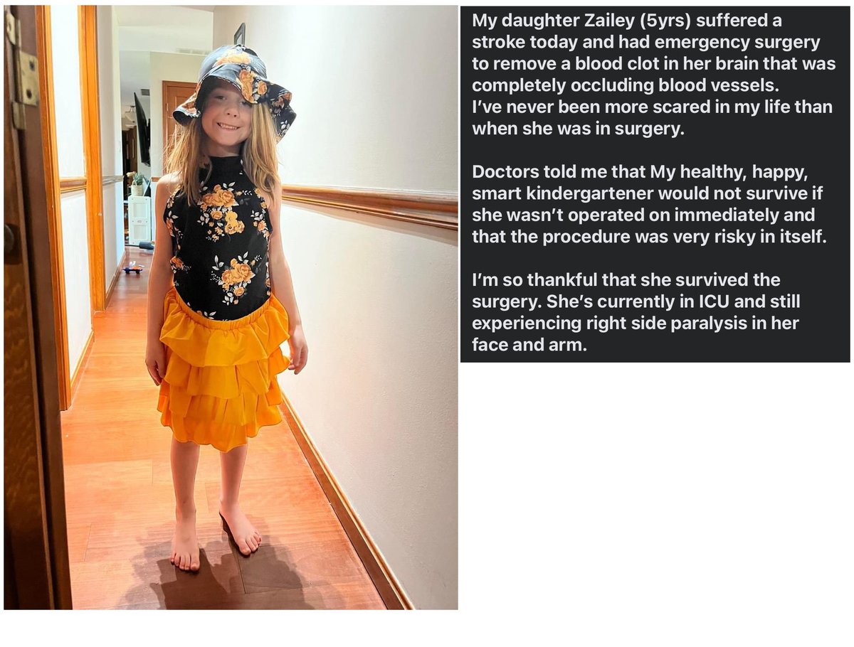 5 year old Zailey suffered a stroke! Most important question in this case is did she have any COVID-19 mRNA Vaccines, how many & when? I've reported dozens of teenagers getting strokes after Pfizer or Moderna mRNA jabs but the ages are getting younger & younger #DiedSuddenly