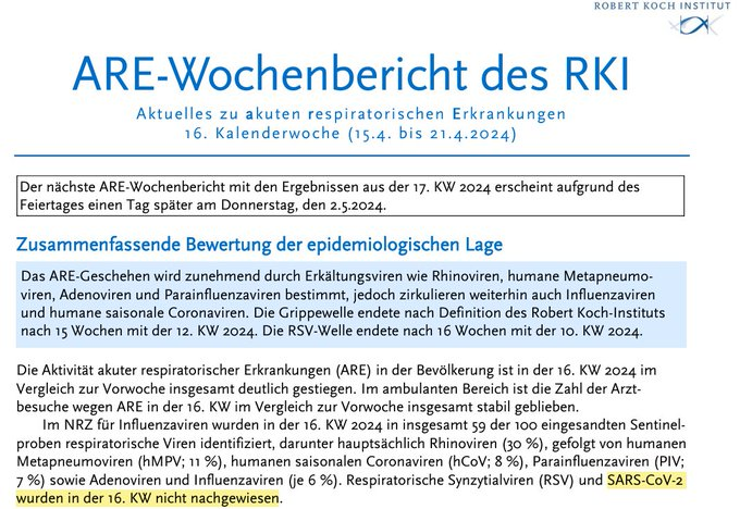 #CovidIsOver

ARE-Wochenbericht des RKI Aktuelles zu akuten respiratorischen Erkrankungen  16. Kalenderwoche (15.4. bis 21.4.2024)  influenza.rki.de/Wochenberichte…