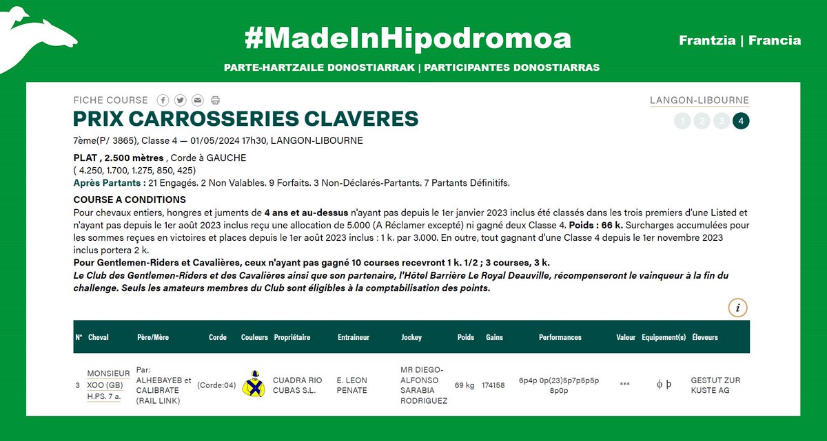 [𝗣𝗔𝗥𝗧𝗔𝗡𝗧𝗦 𝗗𝗢𝗡𝗢𝗦𝗧𝗜𝗔𝗥𝗥𝗔𝗦] 🇫🇷 Langon-Libourne 🗓️ 01/05/2024 ◾️ Prix Carrosseries Claveres (17:30h): MONSIEUR XOO. 🎉 Zorte on! #MadeInHipodromoa