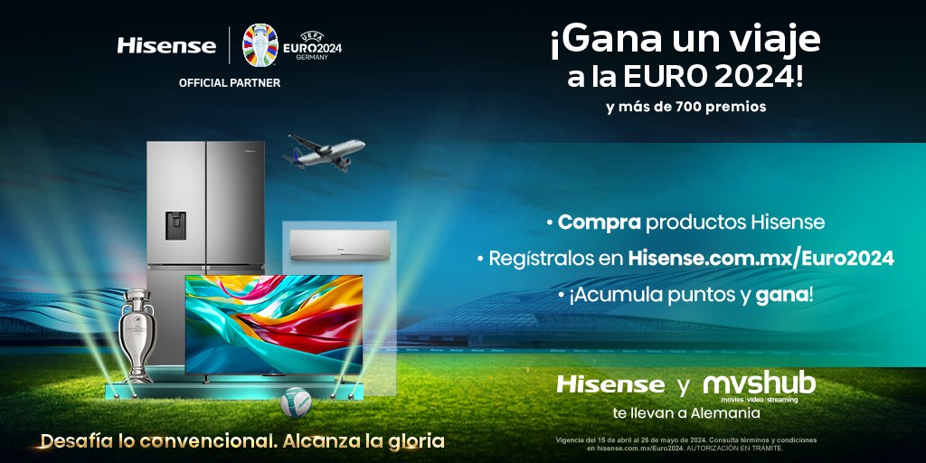 ¡Vive una experiencia extraordinaria con @Hisense_Mexico y @mvshub! Registra tu ticket de compra de productos #Hisense en bit.ly/4dkt8vW y participa para ganar uno de los más de 700 premios incluyendo un viaje. #HisenseEuro2024 #EXATv AUTORIZACIÓN EN TRÁMITE.