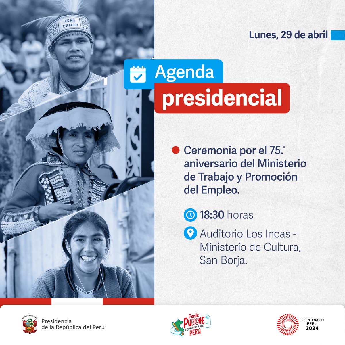 #AagendaPresidencial | La mandataria Dina Boluarte participará en la ceremonia por el 75.° aniversario del @MTPE_Peru. #PonlePunchePerú 💪 #BicentenarioPerú2024