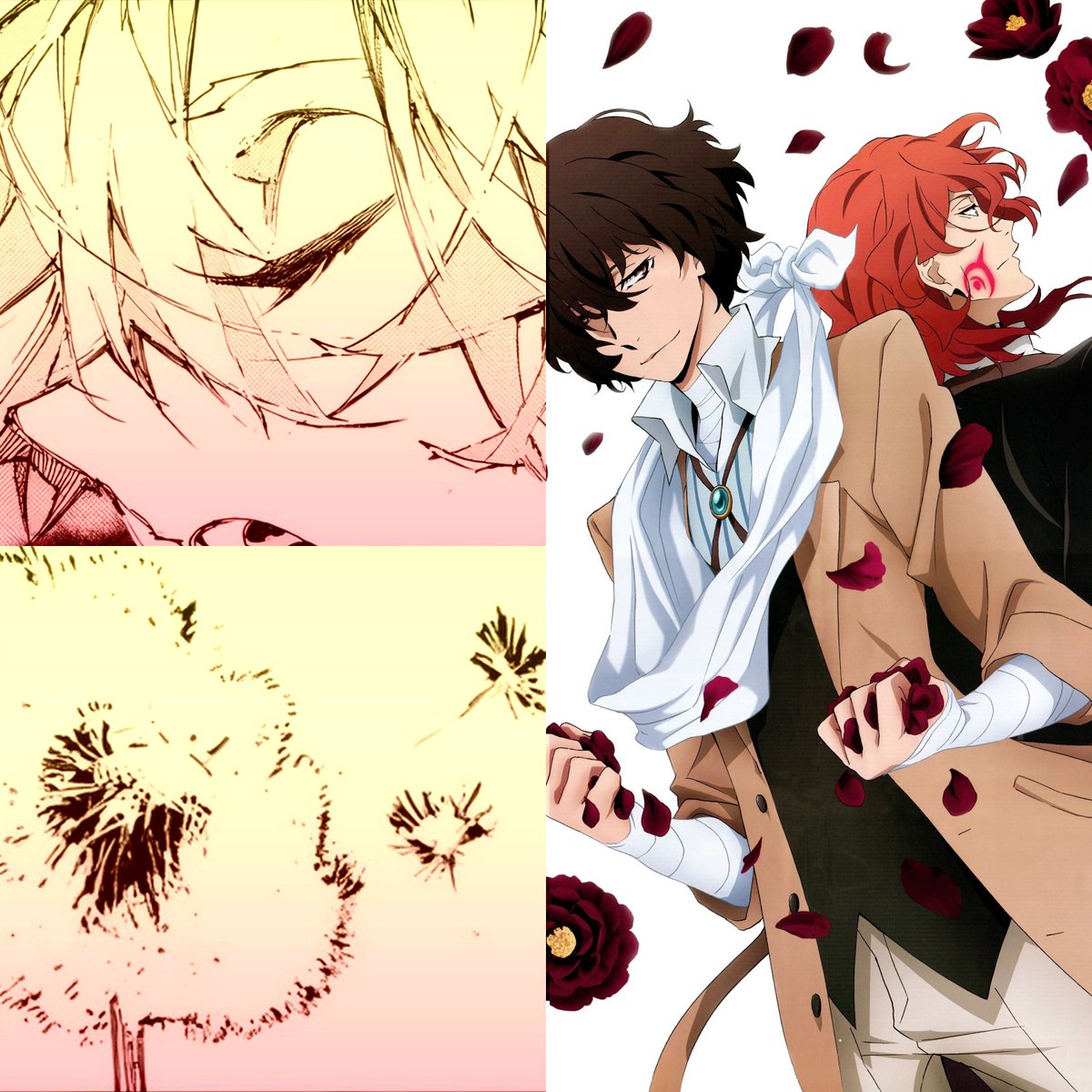 Dandelion and Camelia,symbol of pure healing and love passion,Chuuya being forever this frail fragile flying petal that Dazai will hold protectively in the palm of his hand for eternity 🌹
